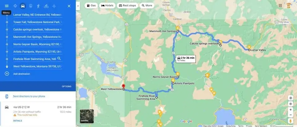 1 ° Giorno parco nazionale di Yellowstone Itinerario Mappa