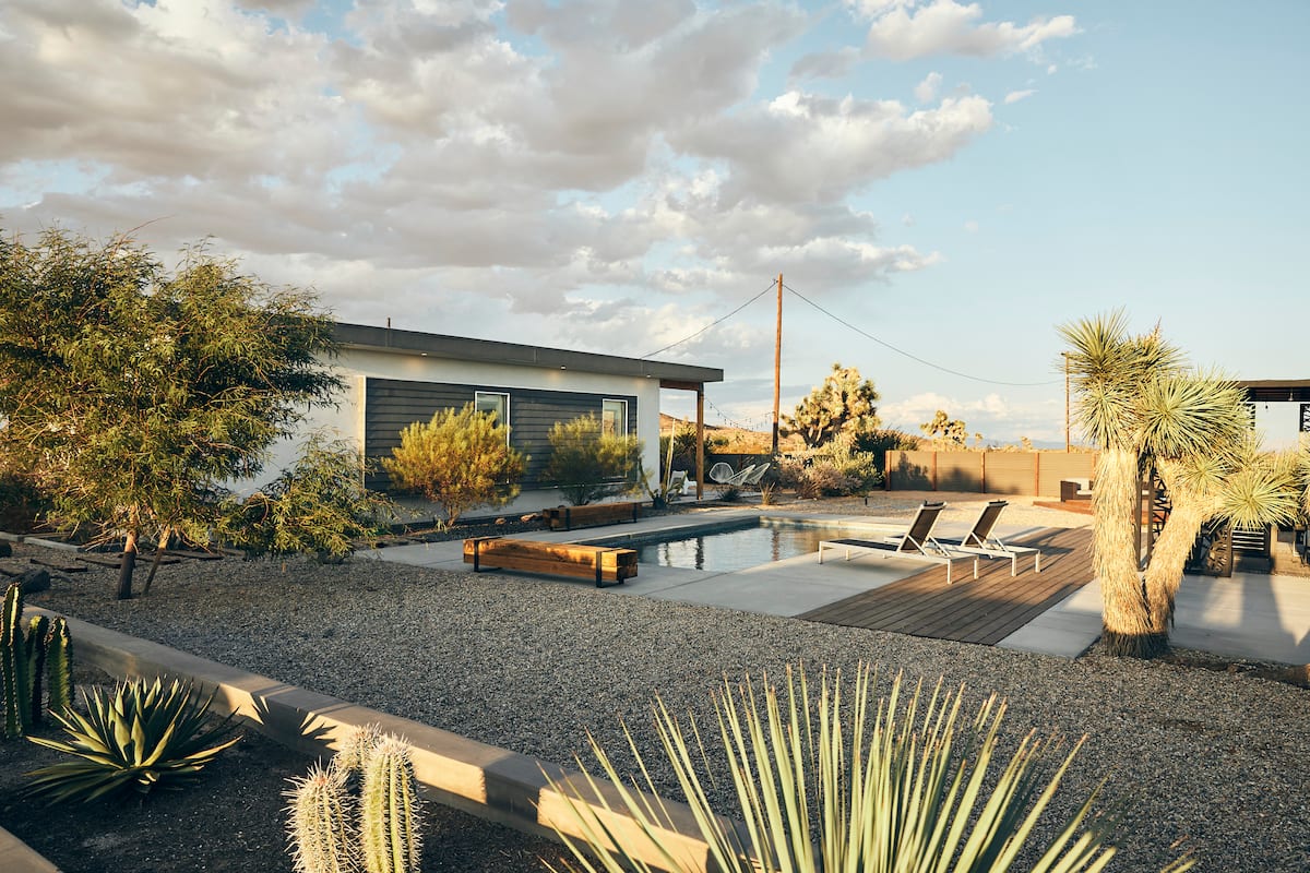 Serenity Escape in Joshua Tree saltwater pool and lounge chairs, one of the best Airbnbs in Joshua Tree, California