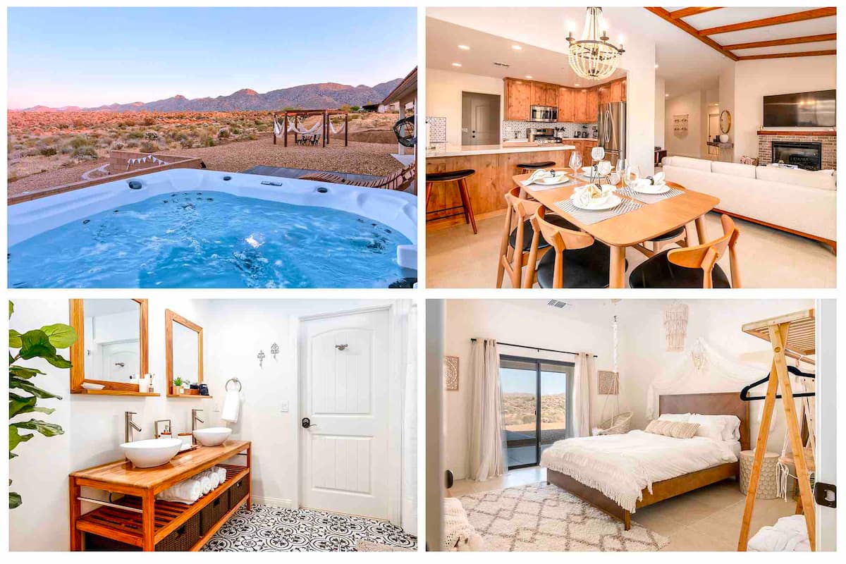 Joshua Tree Desert Retreat hot tub with desert views and modern interior, one of the best Airbnbs in Joshua Tree, California