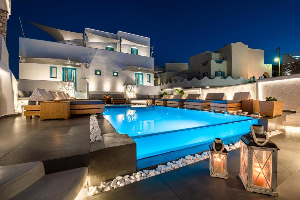 Plunge pool at Evgenia Villas in Fira, Santorini, lit up at night