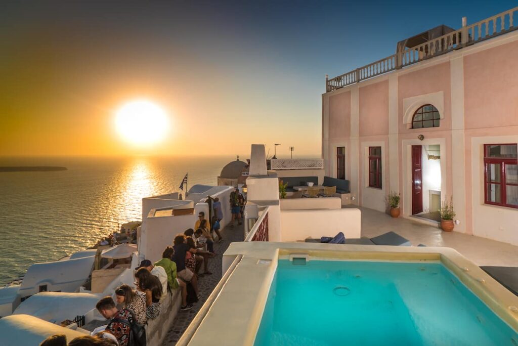 Sunset over the caldera from the terrace of Poseidon Mansion, a villa in Oia, Santorini